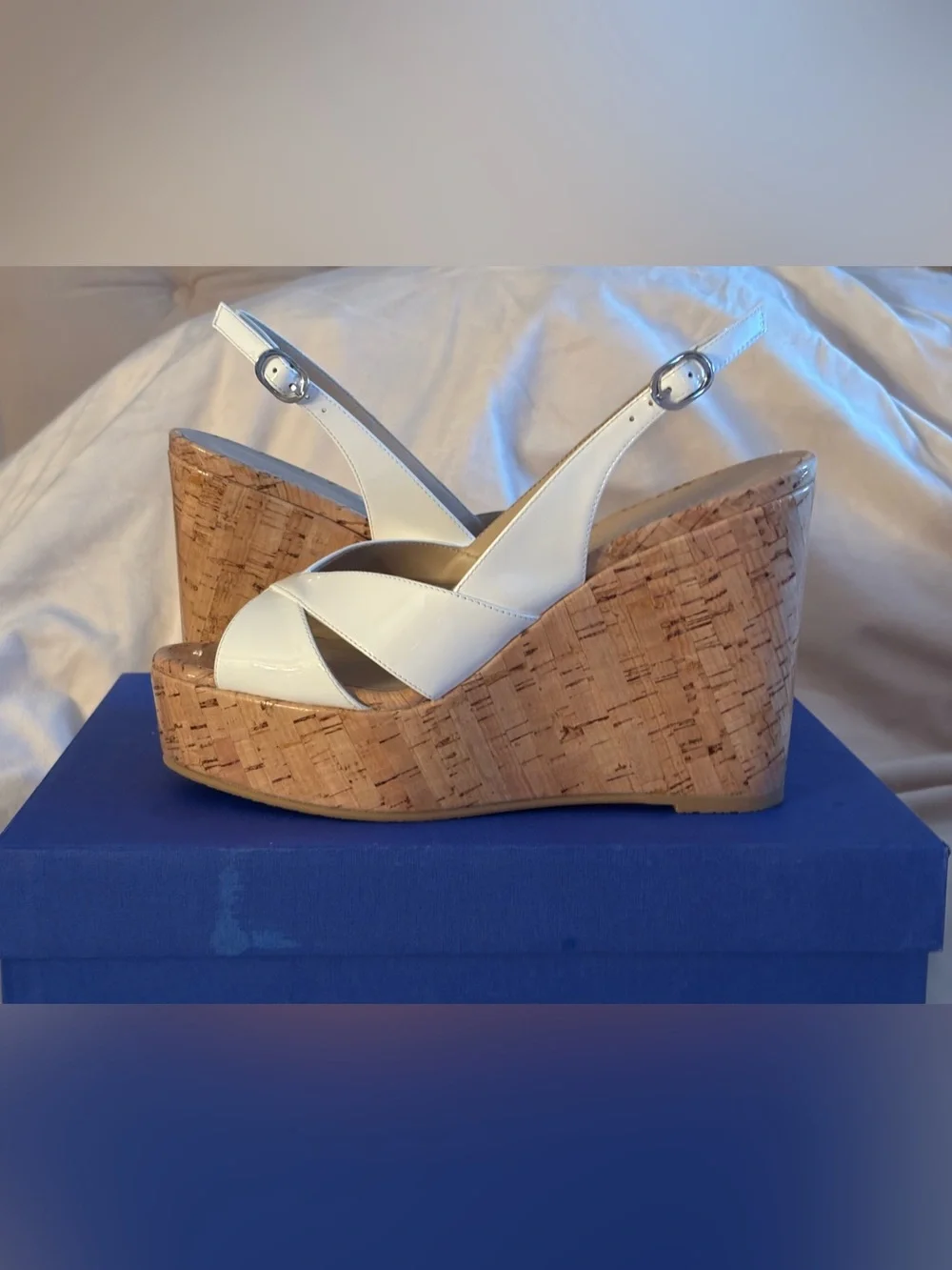 Stuart Weitzman White Patent Cork Platform Wedges - Picture 3 of 14